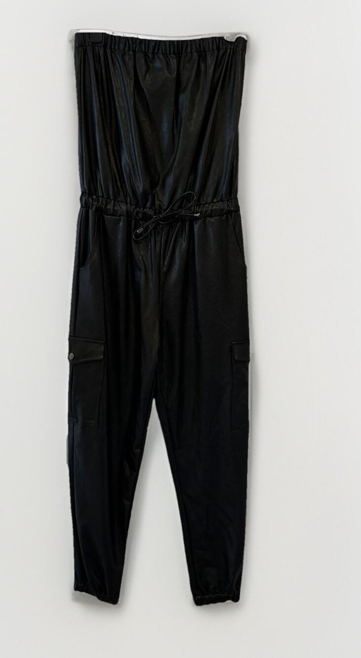 NWT- Vintage Havana Black Faux Leather Strapless Jumpsuit, Size S
